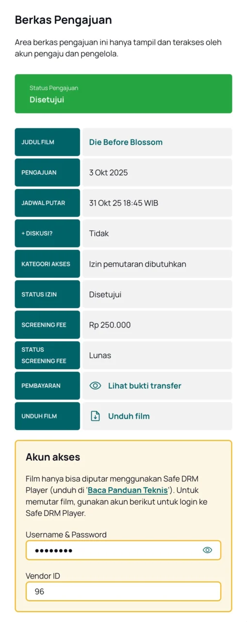 Gambar berkas pengajuan Pemutaran Publik yang berstatus 'Disetujui'.