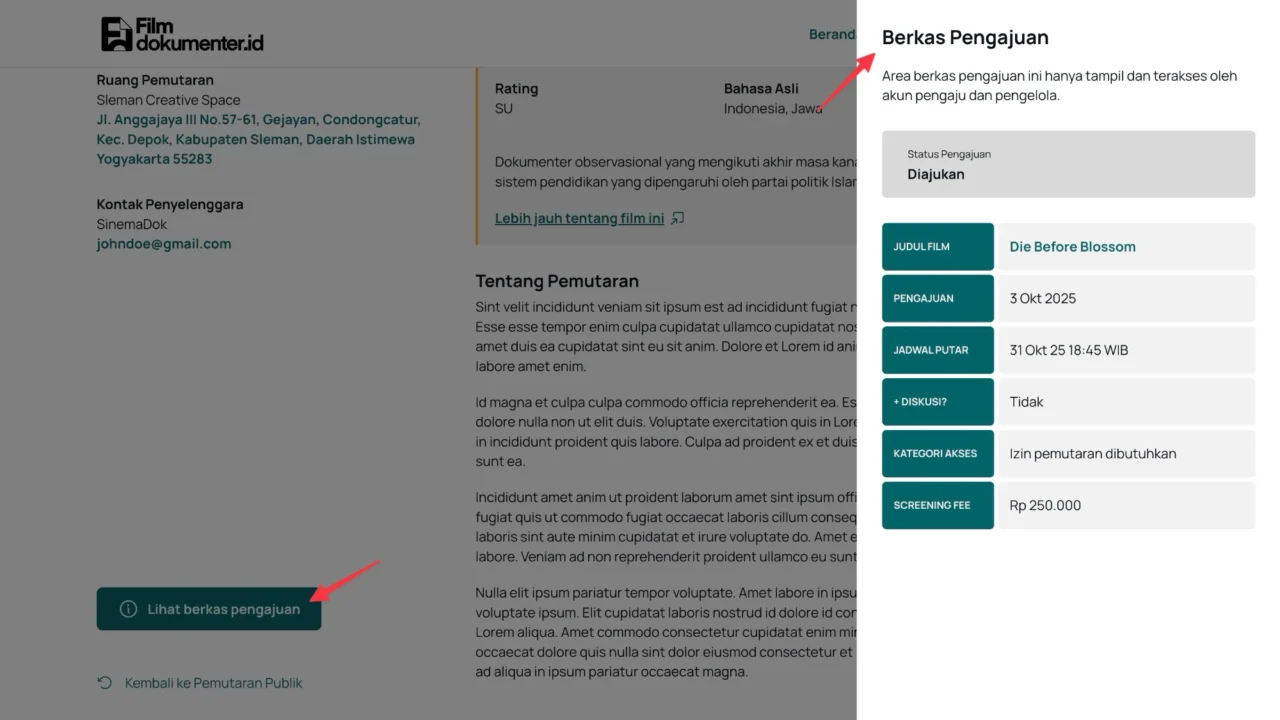Gambar tampilan halaman pengajuan Pemutaran Publik yang menunjukkan cara mengakses berkas pengajuan.