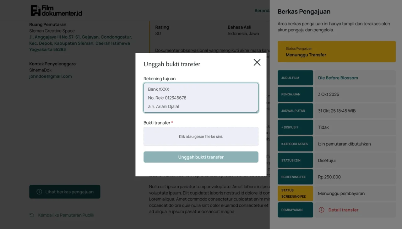 Gambar tampilan mengakses detail info tujuan transfer screening fee dan pengunggahan bukti transfer.