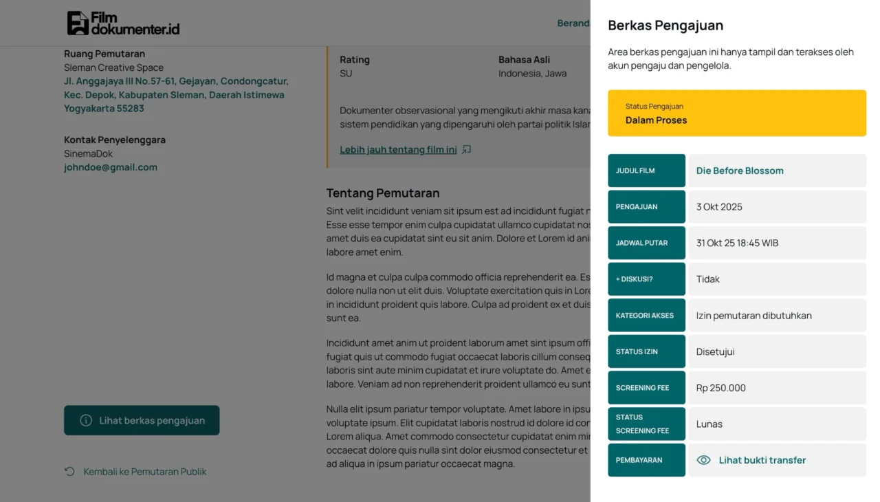 Gambar tampilan berkas pengajuan ketika pengiriman bukti transfer sudah terkirim/dilakukan.